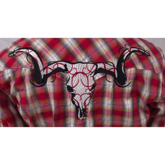 Cowboy Hardware Mens Medium Red Plaid Embroidered Steer Skull Pearl Snap Shirt - Picture 10 of 12